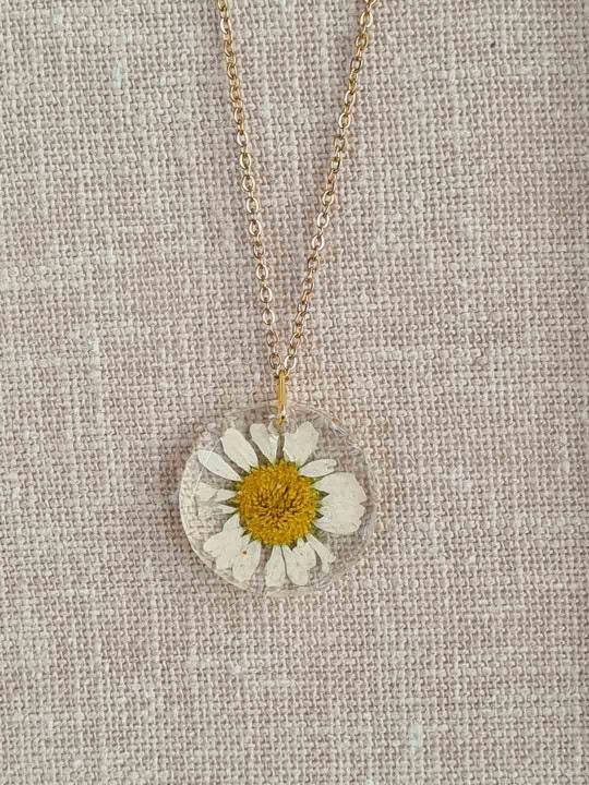 Parure Bijoux Nature : Boucles D'Oreilles + Collier Pendentif - Fleur Pressée Blanche - Neuf Avec Étiquettes